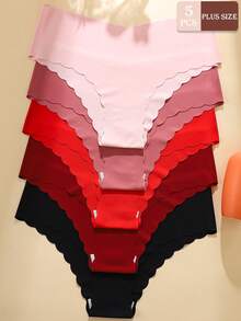5pcs Plus Size V-Waist Wavy Lace Seamless Women's Panties, Solid Multi-Color Smooth Fabric, Invisible Plus Size Underwear For Fitness And Tight Outfits - Multicolor - View 1