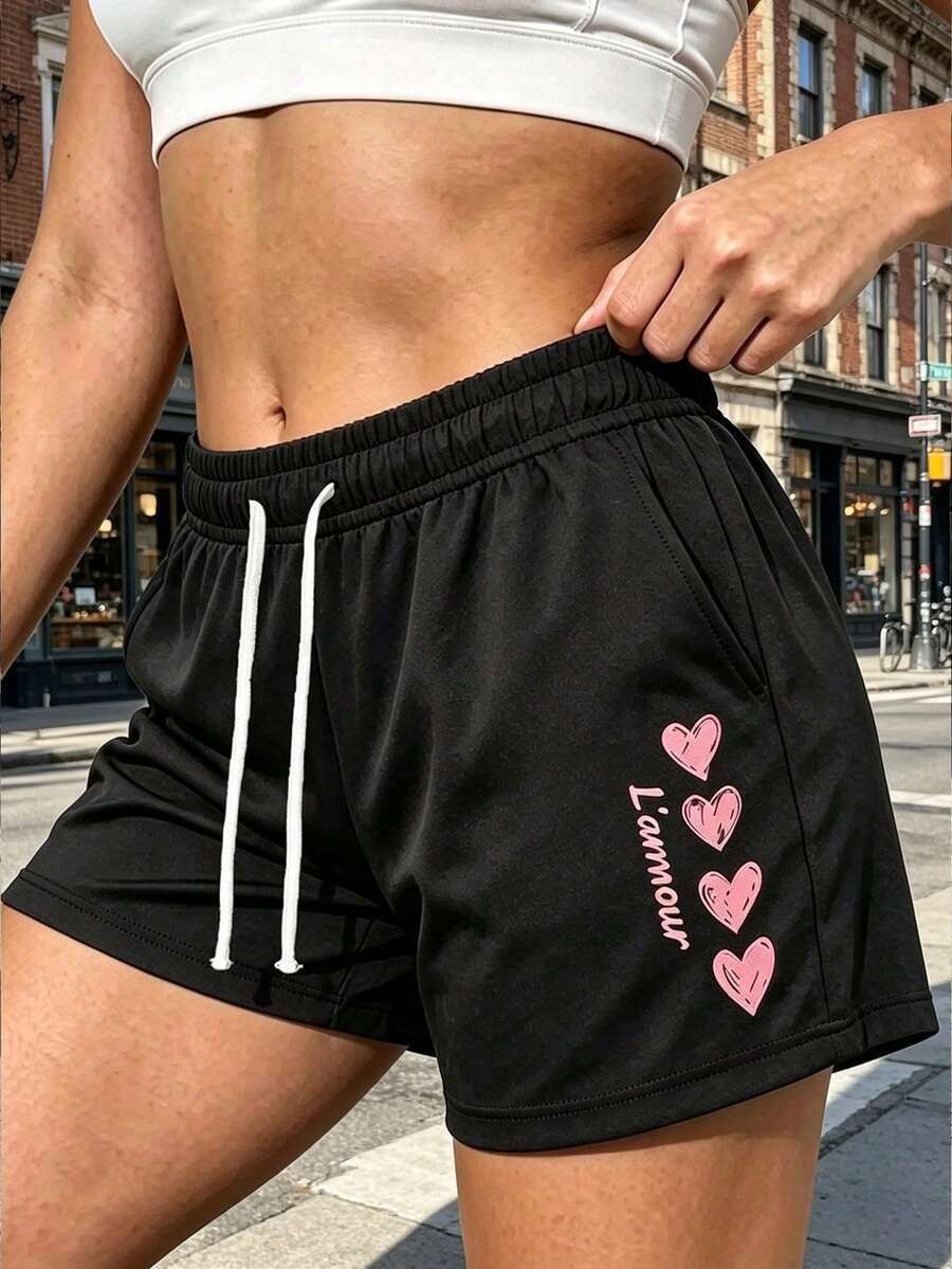 Women's Outdoor Sports Shorts Y2K Sweet Heart Letter Print, Drawstring Elastic Waistband, Side Pockets, Comfortable Fit, Suitable For Fitness, Running, Home Leisure Wear. Perfect Gift For Girlfriend - Black - View 1