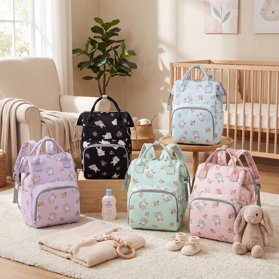 1pc Cute Rabbit Print Decorated Nylon Baby Bottle Bag, Portable Premium Large Capacity Zipper Pouch, Suitable For Moms' Daily Childcare Use