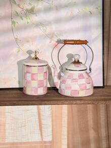 Retro Checkered Enamel Kettle With Wooden Handle & Diamond‑Shaped Lid, Multi‑Purpose Large‑Capacity Storage Jar, Heat‑Resistant Tea & Coffee Pot, Home Desktop Decor, Holiday & Birthday Gift - Pink and White Plaid - View 8