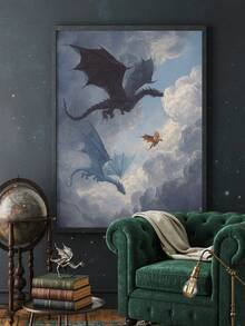 2D Flat, 2D Flat, 1pc Frameless Wall Art, Featuring A Comfortable Dreamy Theme With Flying Dragon, Perfect For Dark Academia Style. This Minimalist Canvas Print Showcases Basgat Iliria Wings, Ideal Decor For Book Lovers And Dorm Rooms - F - View 1