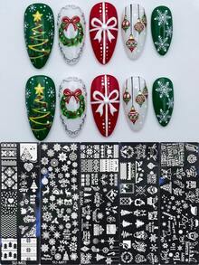 5pcs Christmas Theme Nail Art Stamping Plates, Winter Snowflake Snowman Christmas Tree Bell Gift Box Design Nail Art Templates, Reusable Stainless Steel Nail Art Tools, DIY Nail Art Printing Templates Nail Art Tools - Silver - View 12