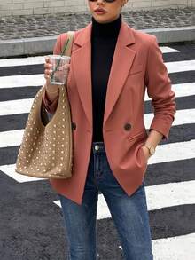 Women's Solid Color Long Sleeve Blazer, Notch Lapel Button Pocket Jacket, Casual Commuter Top For Daily, Home, Vacation, Preppy Style, Spring Autumn Winter - Burnt Orange - View 5
