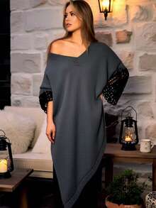 Elegant And Mature Plus-Size Pullover Sweater For Autumn And Winter, Perfect For Everyday Commuting And Outings. Features A Retro V-Neck, Color-Blocked Design, Fashionable Openwork Sleeves, And An Asymmetrical Hem. Mid-Length Style. - Black - View 1