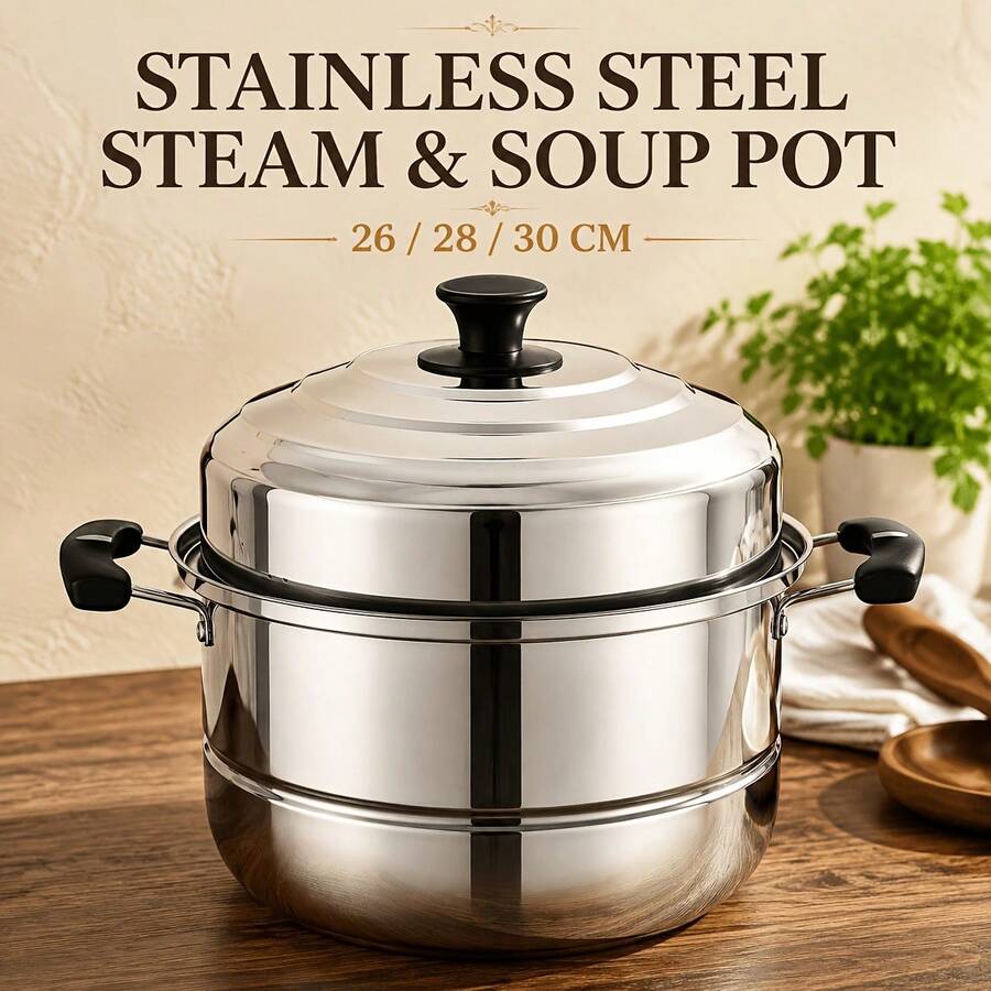 30cm Stainless Steel Steamer Pot, 2-Layer Steamer With 2 Steamer Racks, Large Capacity Cooking Pot