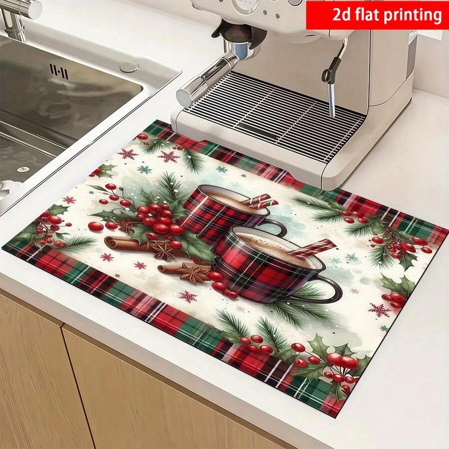 1PC Red‑Green Christmas Coffee Cup Print Diatomite Absorbent Welcome Mat, Non‑Slip Small Floor Rug, Christmas Decor Mat For Stovetop Coffee Machine Water Bar Counter, Indoor Outdoor Front Door Kitchen Home Decor