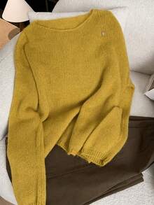 Women's Spring Autumn Square Neck Thin Loose Soft Knit Top, Minimalist Versatile Fashion Solid Color, Suitable For Outerwear, Base Layer And Daily Wear - Yellow - View 2