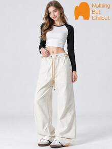NBCT Women's Urban Outdoor Solid Color Deconstructed Casual Pants, Adjustable Waist With Contrast Drawstring, Cuffed Hem, Versatile Long Pants For Daily Wear, Shopping And Commuting - Off White - View 1