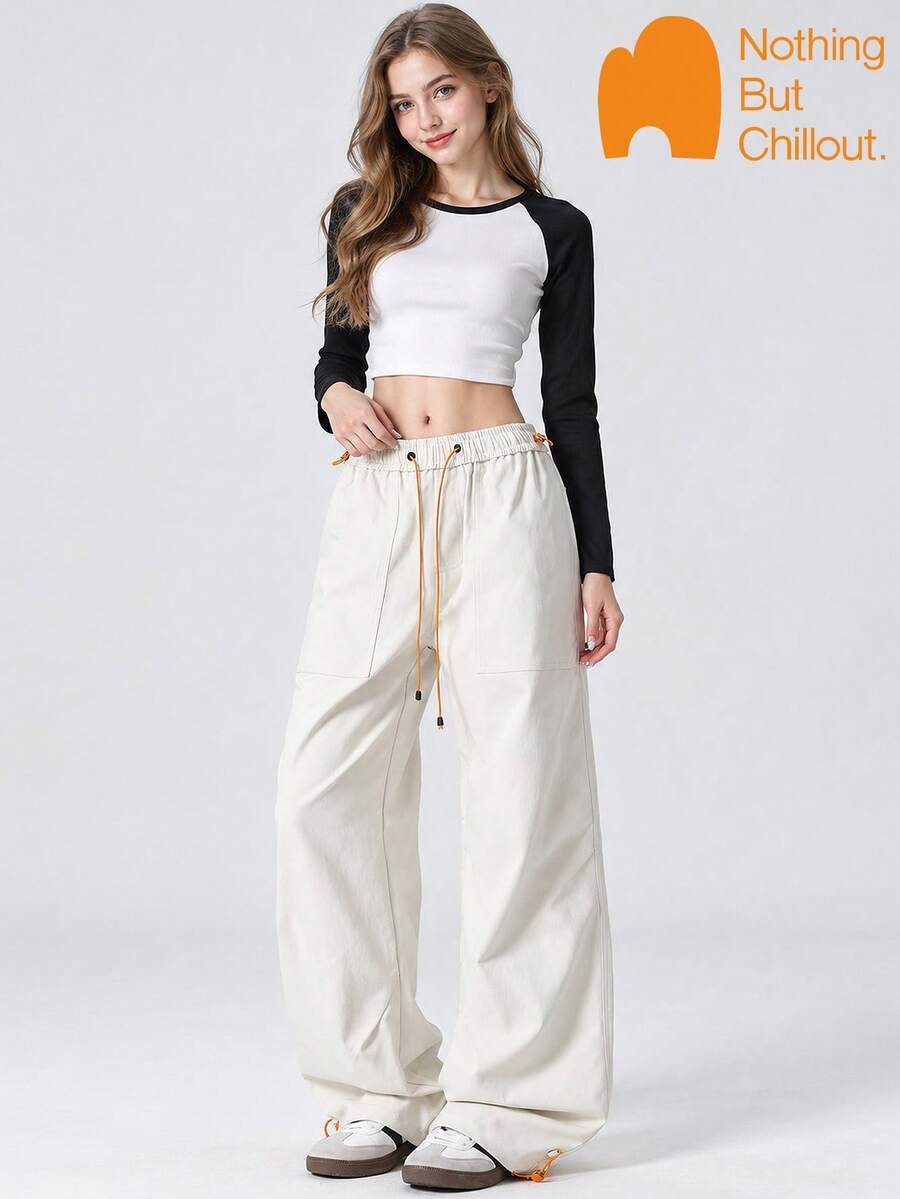 NBCT Women's Urban Outdoor Solid Color Deconstructed Casual Pants, Adjustable Waist With Contrast Drawstring, Cuffed Hem, Versatile Long Pants For Daily Wear, Shopping And Commuting - Off White - View 1