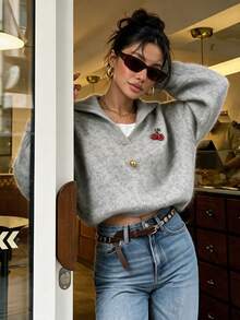 Sweater Rajut Lembut Abu-abu Muda Nyaman dengan Kerah Setengah Resleting, Pullover Lengan Panjang Ukuran Besar untuk Wanita, Pakaian Sehari-hari Musim Gugur - Grey - View 7