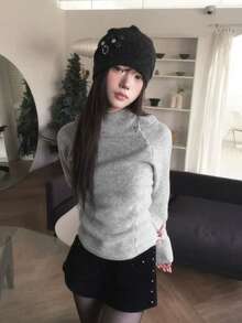 Korean Style Asymmetrical Diagonal Button Casual Versatile Suede Slimming High Neck Hooded Long Sleeve T-Shirt Top - Grey - View 1