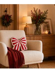 Bantal Hias Natal Berbentuk Pita Merah dengan Motif Garis-garis dan Hiasan Emas, Hadiah Dekorasi Rumah Liburan untuk Sofa, Tempat Tidur, dan Kamar Tidur - MultiWarna - View 1