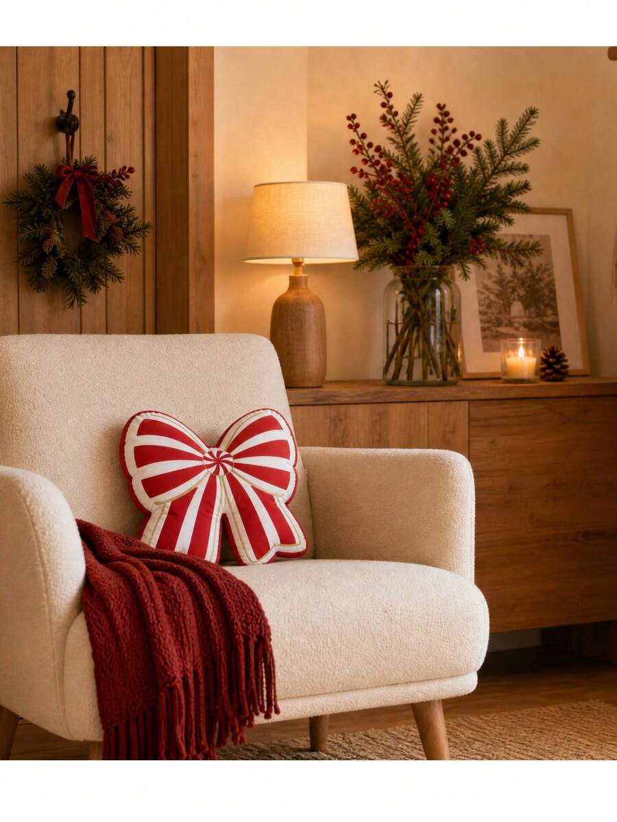 Bantal Hias Natal Berbentuk Pita Merah dengan Motif Garis-garis dan Hiasan Emas, Hadiah Dekorasi Rumah Liburan untuk Sofa, Tempat Tidur, dan Kamar Tidur - MultiWarna - View 1