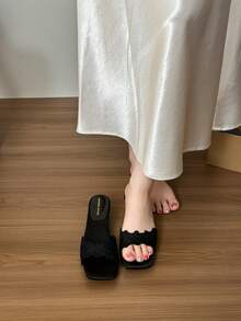 Sandal Selop Romantis Bergaya Vintage, Sandal Hak Tipis Ujung Persegi Berenda Warna Nude untuk Perjalanan Belanja Akhir Pekan - Hitam - View 2