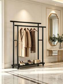Black Double‑Rod Floor Coat Rack, (Can Be Used With Adult Plastic Hangers), High‑Low Double‑Rod Hanging Design, Bottom Storage Layer, Universal Casters For Easy Movement, Suitable For‑Bedroom, Entryway, Cloakroom, For Hanging Clothes And Bags - Black - View 4