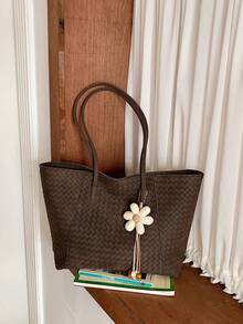 Tote Bag, Rich Woven Texture Surface Details, Floral Charm Accents Add Fresh Atmosphere. Double Long Shoulder Straps For Easy Shoulder Carrying, Open Design For Convenient Access, Ample Interior Space To Store Various Personal Items, Suitable For Commuting, Casual Outings, Creating A Simple And Gentle Daily Outfit Style. - Coffee Brown - View 4