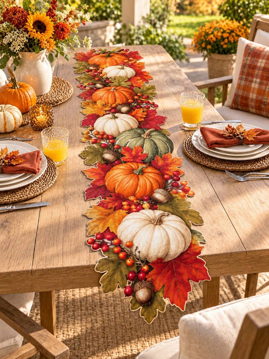 1pc Autumn Pumpkin Linen Table Runner, Harvest Theme Layered Pumpkin, Maple Leaf, Berry & Acorn Pattern, Asymmetrical Shape Rustic Farmhouse Style Dining Table Decor, Suitable For Thanksgiving Dinner, Autumn Party, Kitchen, Dining Table & Home Decoration - Multicolor - View 1