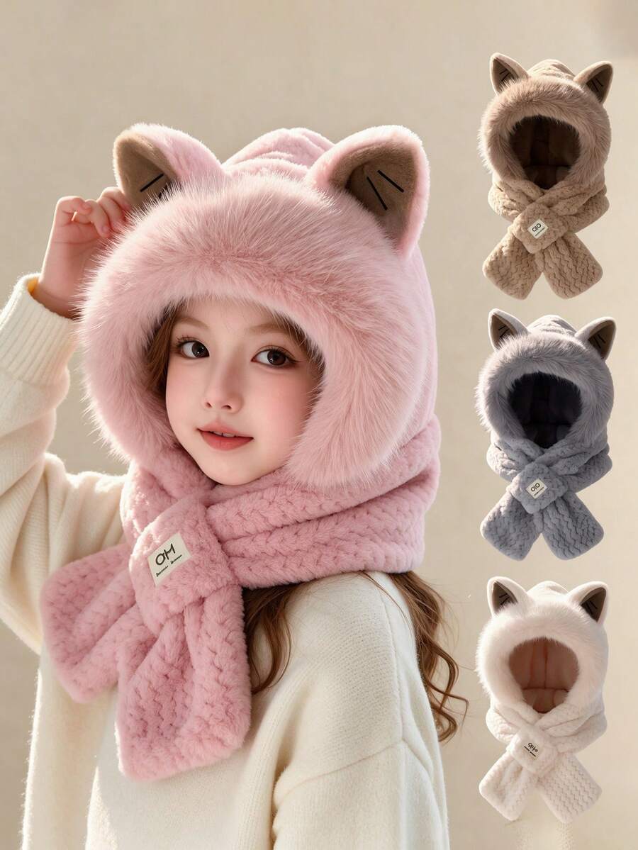 Winter Cute Thick Plush Bear Hat Mask Scarf All-In-One Riding Hood For Women - Multicolor - View 1
