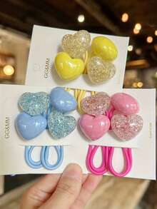 1/6/12Pcs Multicolor Glitter Heart Hair Ties, Sweet Elastic Ponytail Bands, Cute Sparkly Hair Accessories For Daily Wear & Parties - Multi-color_A - View 3