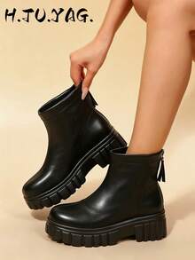 Sepatu Bot Pendek Nyaman Musim Gugur/Dingin Hitam Putih Bertali Hak Wedges Sol Tebal Sepatu Bot Modis - Hitam - View 6