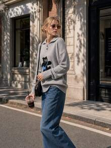 Sweater Rajut Polo Kerah Motif Kucing Kartun Musim Gugur, Pakaian Thanksgiving untuk Akhir Pekan di Kampus, Kencan Sehari-hari & Jalan-jalan Santai - Grey - View 6