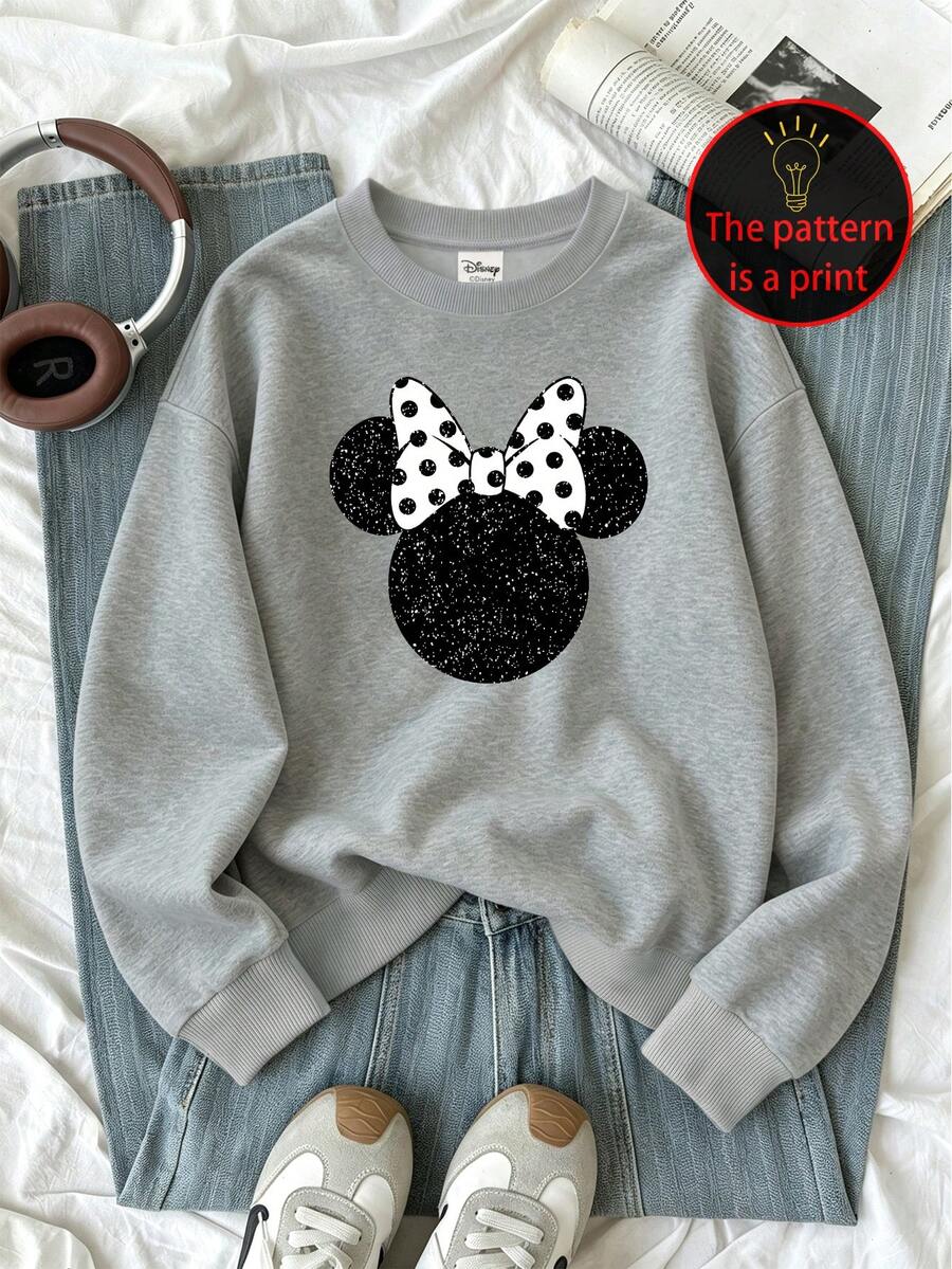 Disney Plus Size Women's Casual Minnie Mouse Silhouette Print Street Style Autumn/Winter Crew Neck Long Sleeve Sweatshirt - Grey - View 1