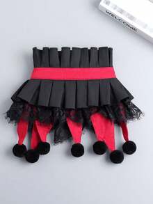 Women's Fashion Detachable Fake Collar, Decorative Accessory, Black & Red Contrast Ruffle Lace Pom Pom Clown Pointed Fake Collar, Suitable For Evening Gown, Dress, Party Outfit, Halloween Carnival, Cosplay, Theme Party, Stage Performance - Color as Shown In Picture - View 7