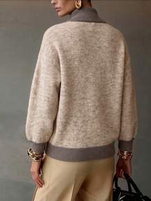 Sweater Rajut Wanita Setengah Rits Kontras Warna dengan Trim Berusuk Leher Tinggi Pullover Lembut Warna Oatmeal Atasan Jumper - warna oatmeal - View 4