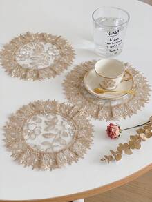2/4/6/12/24PC Luxury Hollow Lace Round Placemats, Floral Embroidered Table Mats, Suitable For Home Dining Table, Wedding, Theme Festival Decoration - milk coffee color - View 3