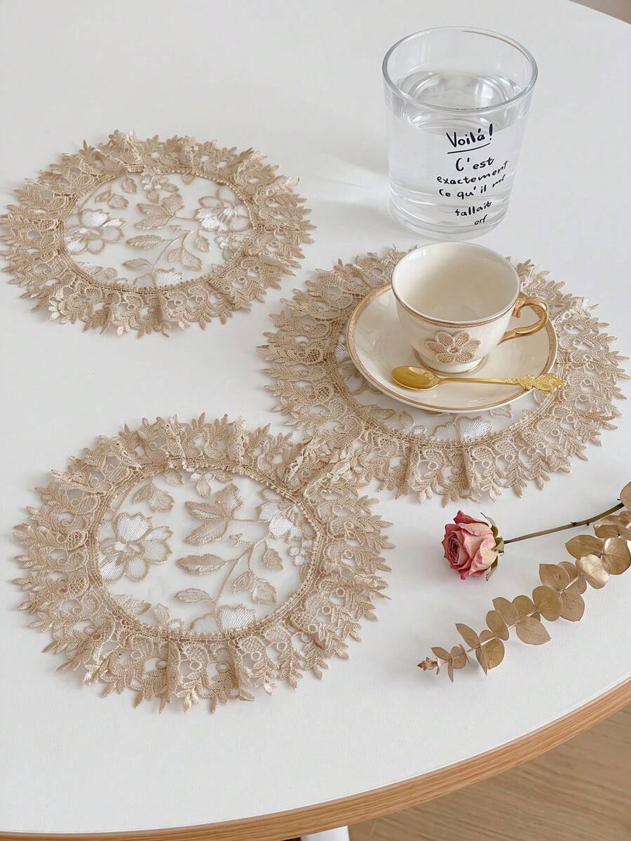 2/4/6/12/24 PC Alas Piring Bulat Renda Berlubang Mewah, Taplak Meja Bordir Motif Bunga, Cocok untuk Meja Makan Rumah, Pernikahan, Dekorasi Festival Bertema - warna kopi susu - View 1