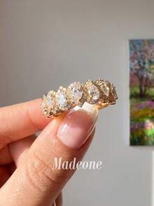 MADEONE 1件女款閃亮鋯石梨形光環半永恆戒指，訂婚婚禮派對日常佩戴週年紀念珠寶禮物 - 半圓淚珠戒指 - 查看 3