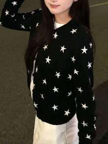 Sweet Girl Style Star Jacquard Minimalist Knit Cardigan Top, Slouchy Chic Versatile Autumn/Winter Knit Sweater Jacket For Women - Black - View 2