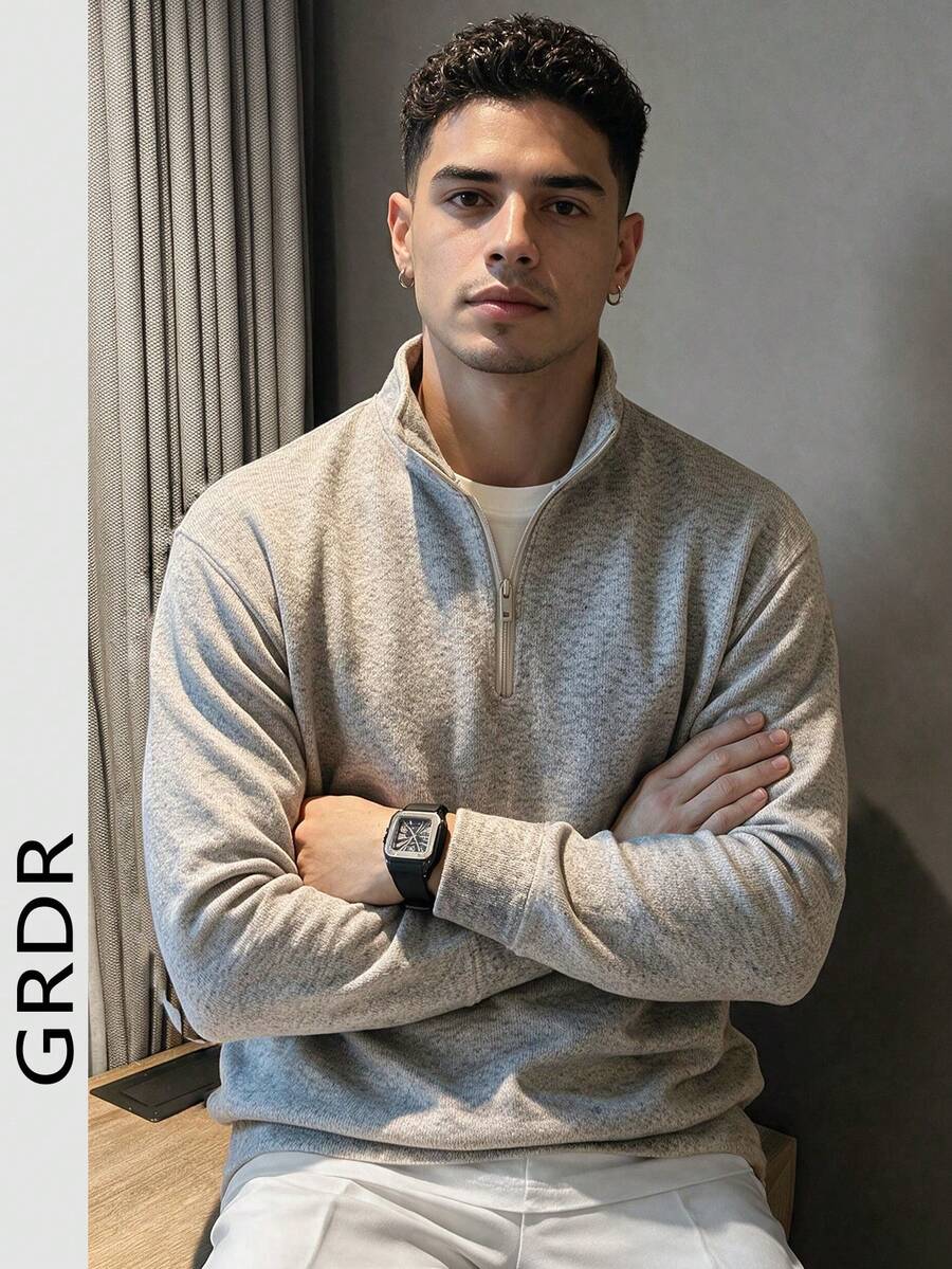 GRDR 男士極簡休閒運動長袖半拉鍊套頭衫,柔軟混色素面紋理布料,落肩設計,羅紋袖口,純色 - 卡其色 - 查看 1