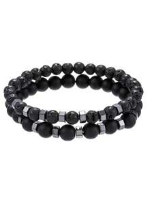 RINTOLER 2 piezas de brazaletes de cuentas de piedra volcánica para hombres, adecuados para uso diario - Negro - Ver 7