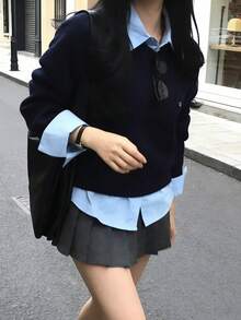 Autumn/Winter Sweater Design Layered Shirt 2-In-1 Long Sleeve Knit Cardigan - Navy Blue - View 5
