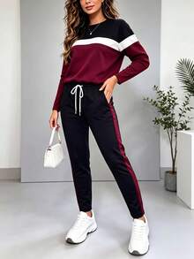 2pcs Women Fashion Set, Colorblock Round Neck Long Sleeve T-Shirt And Pants, Autumn/Winter Casual Spring Elegant - Burgundy - View 3