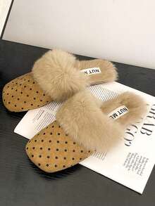 Women's Khaki Fluffy Indoor Slippers, Quiet Soft Sole, Winter Wearable Versatile Polka Dot Flat Fur Slippers, Anti-Slip Comfortable - Khaki - View 8