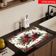 1PC Red‑Green Christmas Coffee Cup Print Diatomite Absorbent Welcome Mat, Non‑Slip Small Floor Rug, Christmas Decor Mat For Stovetop Coffee Machine Water Bar Counter, Indoor Outdoor Front Door Kitchen Home Decor - Multicolor - View 15