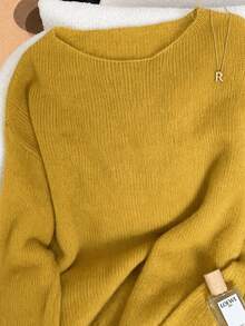 Women's Spring Autumn Square Neck Thin Loose Soft Knit Top, Minimalist Versatile Fashion Solid Color, Suitable For Outerwear, Base Layer And Daily Wear - Yellow - View 4
