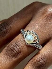 1pc Elegant Pearl Statement Ring For Women Floral Fan Shape Design Adjustable Open Ring Jewelry Gift Accessory - Multicolor - View 1