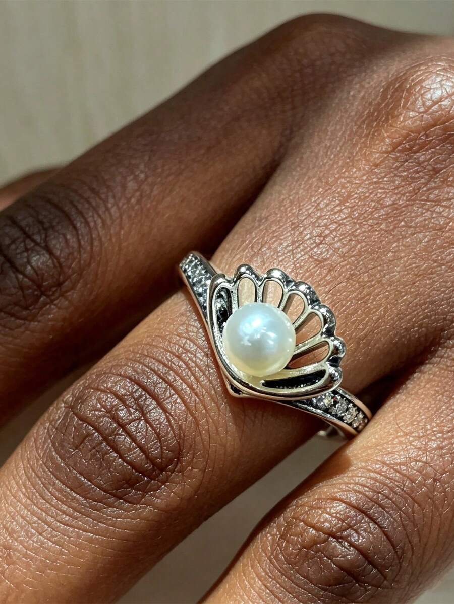 1pc Elegant Pearl Statement Ring For Women Floral Fan Shape Design Adjustable Open Ring Jewelry Gift Accessory - Multicolor - View 1