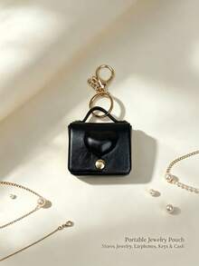 1pc Faux Leather Heart-Shaped Mini Jewelry Storage Bag, Portable Earphone Bag Keychain Hanging, Mini Travel Ring Box Travel Jewelry Box Cosmetic Storage Box, Women's Earring/Ring/Necklace/Bracelet Storage Box, Mini Wallet, Birthday Gift - Heart-shaped Solid Color Small Bag - View 7