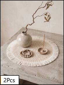 1/2/4/6/12pcs Beige Tassel Woven Placemats, Natural Rustic Style, Cotton Rope Material, Round Tassel Edge And Woven Texture Details, Heat-Resistant And Anti-Slip, Tabletop Protection And Decorative Enhancement, Suitable For Incense Ceremony, Meditation And Rustic Home Decor - White - View 12