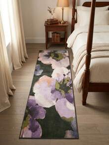 1PC Purple Pink White Green Large Floral Watercolor Gradient Pattern Modern Art Oil Painting Style Long Runner Rug, Romantic Abstract Style Faux Cashmere Long Rectangular Large Gradient Petals And Dark Green Leaf Contrast Details Machine Washable Bedside Blanket, Suitable For Hallway Corridor And Kitchen All Season Home Decor - Multicolor - View 6