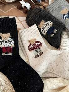5 Pairs Women's Winter Tights, Comfortable And Warm, Featuring Teddy Bear And Mushroom Patterns, Machine Washable, 5 Colors (Brown/Grey/Black), Suitable For Casual And Formal Occasions, Cute Animal Pattern Design, Warm And Comfortable, Plush Material, Essential For Sock Lovers, Christmas Gift (1/3/5) - Multicolor - View 8