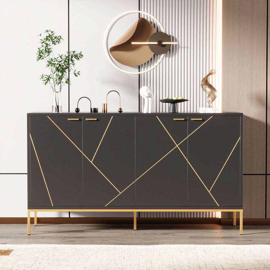 Sideboard Made Of Wood With Storage Adjustable With Shelves Black For Living Room And Dining Room - Black - View 1