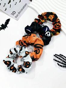 4pcs Halloween Themed Women Fashion Accessories: Made Of Elegant Fabric Printed With Pumpkin, Skull And Spider Web Patterns. Suitable For Hair Styling, Both For Going Out And Daily Wear. - Multicolor - View 9