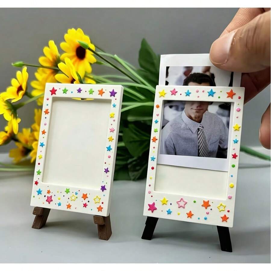 White Mini Photo Frame With Star Stickers, Easel-Style Photo Display Stand, Reusable Desktop Photo Ornament, Versatile Desktop Decor For Multiple Settings, An Ideal Choice For Gifting To Friends, Family, And Classmates, The Perfect Gift - 2 Pieces (1 Photo Frame + 1 Sticker) - View 1
