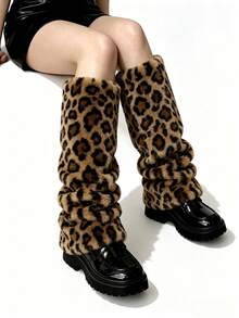 Penghangat Kaki Berbulu Motif Leopard Wanita Gaya Y2k Punk, Manset Sepatu Bot Panjang, Kaus Kaki - MultiWarna - View 7