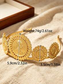 1Pc Vintage Gold Scalloped Embossed Portrait Coin Crown For Women, Multi Coin Flower Frame Headdress, Wedding Banquet Hair Accessory - Gold - View 4